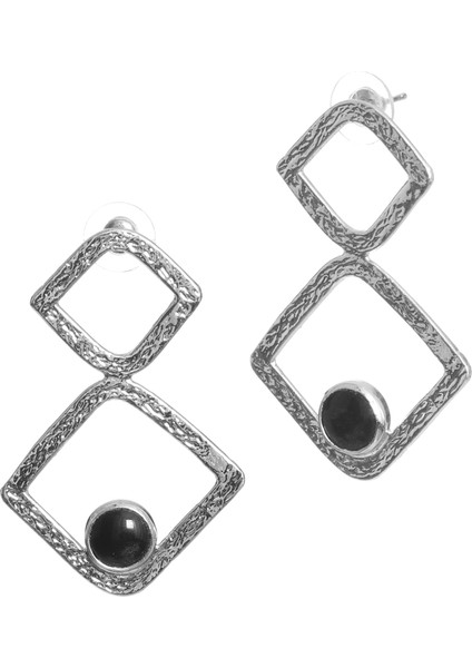 Kadın Lak Gümüş Renk Doğaltaşlı Çivili Model Geometrik Formlu El Yapımı Küpe