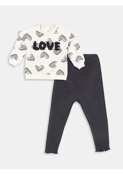 Lcw Baby Ekru Bisiklet Yaka Baskılı Kız Bebek Sweatshirt ve Tayt 2'li