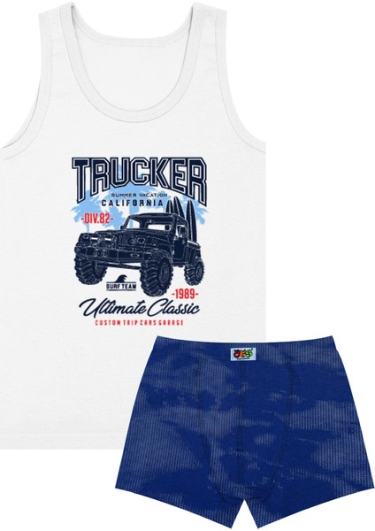 Erkek Çocuk Atlet Boxer Likralı Beyaz Trucker (%96 Pamuk - %4 Elastan)