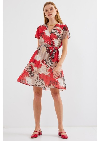 2502 Kısa Kol Desenli Şifon Elbise - Kırmızı indirimleri