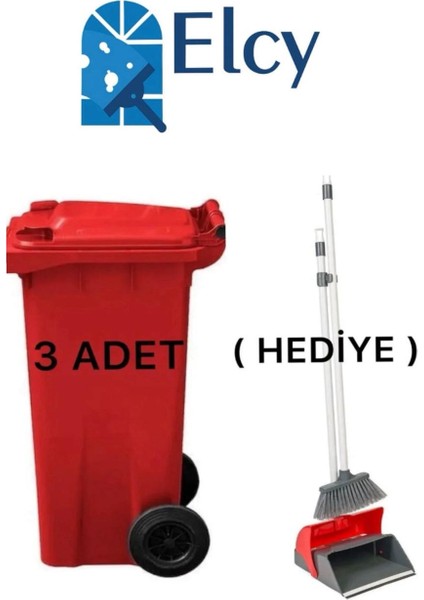 3 Adet Kırmızı Plastik Çöp Konteyneri 120 Lt Isıya Karşı Dayanıklı ve Faraş Hediyeli