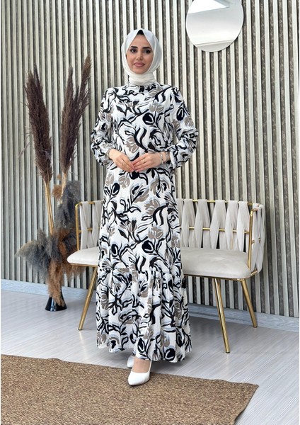 Eteği Volanlı Dokuma Viskon Elbise