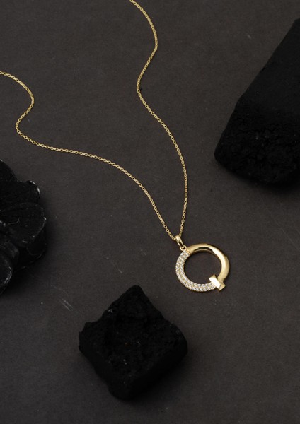 Halka Tasarım Çivili Sarı Altın Kolye fırsatları