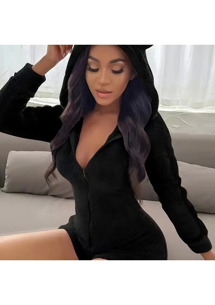 Kadın Uzun Kollu Kapişon ve Fermuar Detaylı Peluş Şort Tulum