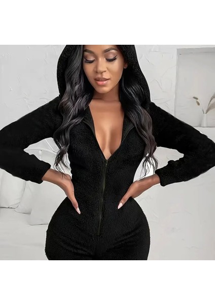 Kadın Uzun Kollu Kapişon ve Fermuar Detaylı Peluş Şort Tulum fiyatları
