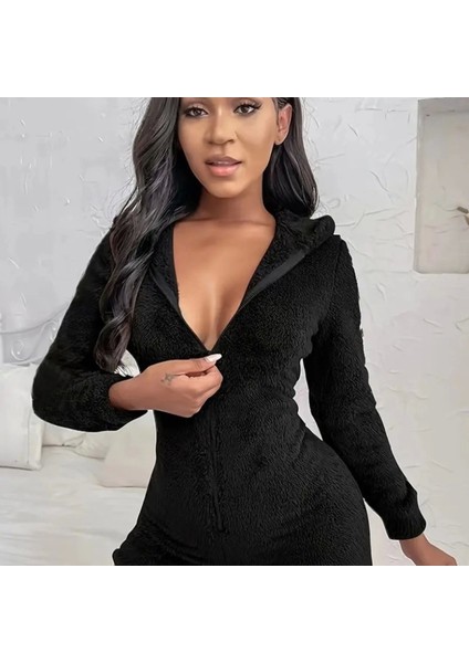 Kadın Uzun Kollu Kapişon ve Fermuar Detaylı Peluş Şort Tulum modelleri