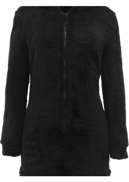 Kadın Uzun Kollu Kapişon ve Fermuar Detaylı Peluş Şort Tulum indirimleri