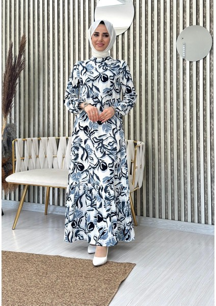 Eteği Volanlı Dokuma Viskon Elbise