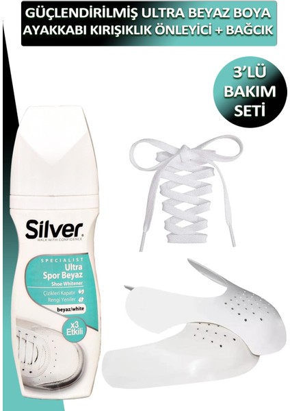 Ayakkabı Kırışıklık Önleyici Koruyucu S + Beyaz Spor Kumaş Ayakkabı Boyası + Bağcık 3'lü Bakım Seti
