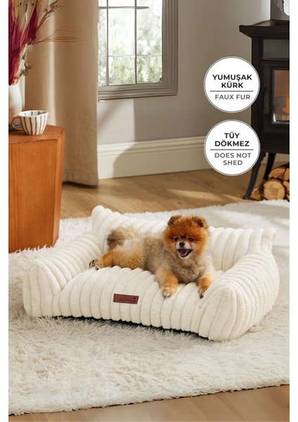 Kürk Peluş Kedi Köpek Evcil Hayvan Yatağı PatiChill Yıkanabilir Kaymaz Taban Luna Lüks Ortopedik Su Geçirmez Krem