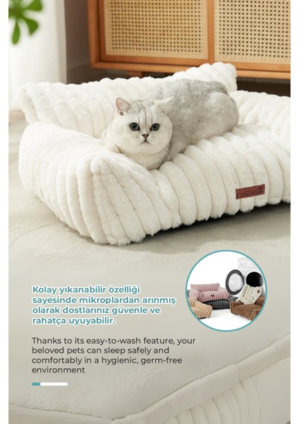 Kürk Peluş Kedi Köpek Evcil Hayvan Yatağı PatiChill Yıkanabilir Kaymaz Taban Luna Lüks Ortopedik Su Geçirmez Krem