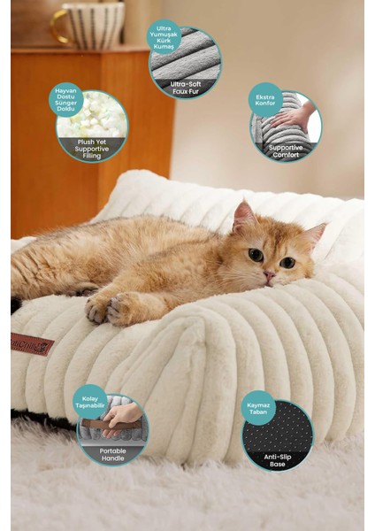 Kürk Peluş Kedi Köpek Evcil Hayvan Yatağı PatiChill Yıkanabilir Kaymaz Taban Luna Lüks Ortopedik Su Geçirmez Krem