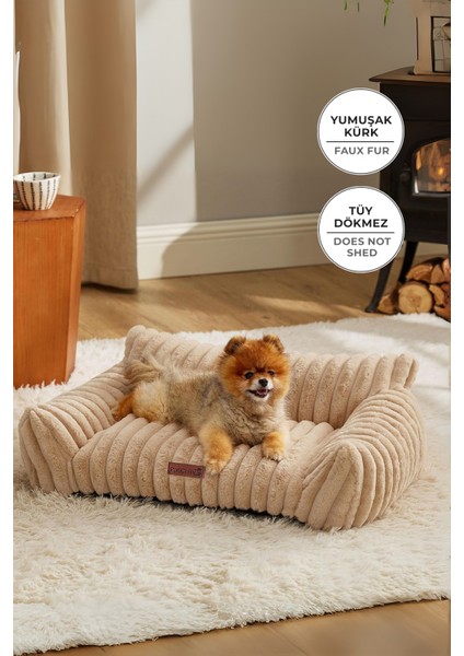 Kürk Peluş Kedi Köpek Evcil Hayvan Yatağı PatiChill Yıkanabilir Kaymaz Taban Luna Lüks Ortopedik Su Geçirmez Bej