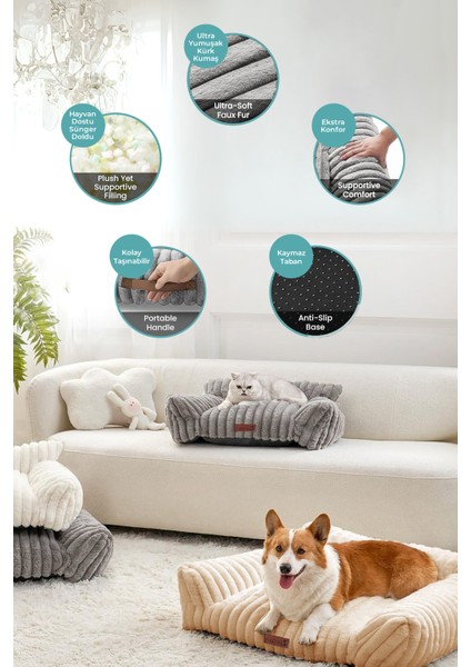 Kürk Peluş Kedi Köpek Evcil Hayvan Yatağı PatiChill Yıkanabilir Kaymaz Taban Luna Lüks Ortopedik Su Geçirmez Bej