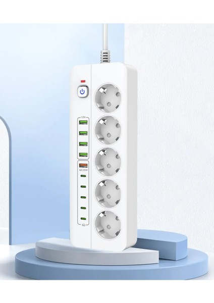 Isıya Dayanıklı Power Tuşlu 5'li Grup Priz 5x USB 5x Type-C Çıkışlı Priz 2 mt Kablolu
