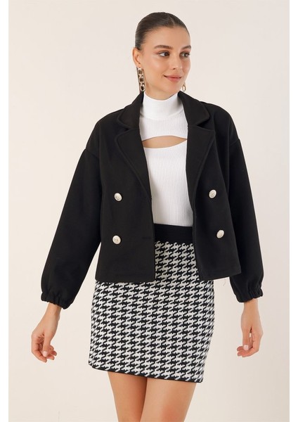 9117 Kruvaze Yaka Crop Ceket - Siyah