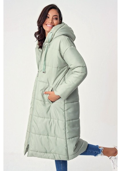5120 Kapşonlu Uzun Şişme Mont - Mint modelleri