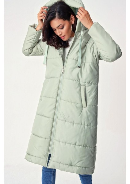 5120 Kapşonlu Uzun Şişme Mont - Mint fırsatları