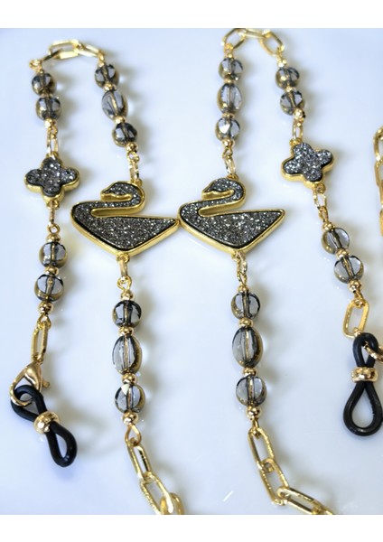 Gözlükzinciri Altın Kaplama Zincirli Siyah Kuğu Figürlü Kristal Taş Boncuklu