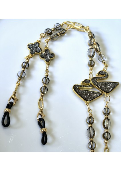 Gözlükzinciri Altın Kaplama Zincirli Siyah Kuğu Figürlü Kristal Taş Boncuklu modelleri