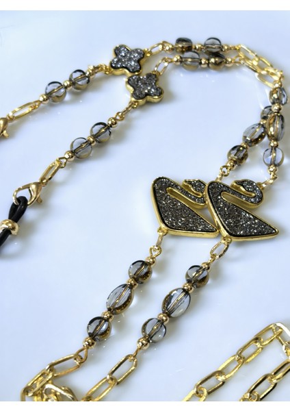 Gözlükzinciri Altın Kaplama Zincirli Siyah Kuğu Figürlü Kristal Taş Boncuklu