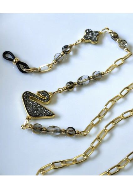 Gözlükzinciri Altın Kaplama Zincirli Siyah Kuğu Figürlü Kristal Taş Boncuklu
