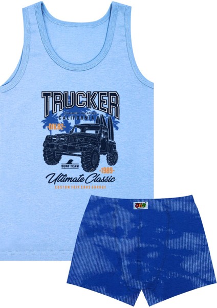 Erkek Çocuk Atlet Boxer Likralı Mavi Trucker (%96 Pamuk - %4 Elastan)