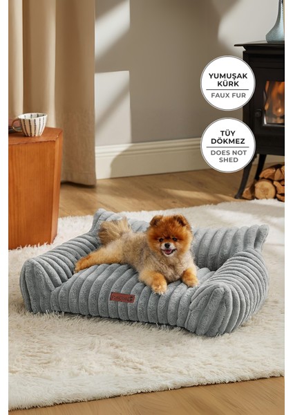 Kürk Peluş Kedi Köpek Evcil Hayvan Yatağı PatiChill Yıkanabilir Kaymaz Taban Luna Lüks Ortopedik Su Geçirmez Gri