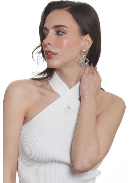 Kadın Lak Gümüş Renk Doğaltaşlı Çivili Model Geometrik Formlu El Yapımı Küpe fırsatları