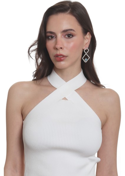 Kadın Lak Gümüş Renk Doğaltaşlı Çivili Model Geometrik Formlu El Yapımı Küpe