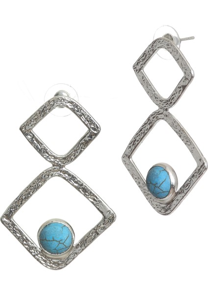 Kadın Lak Gümüş Renk Doğaltaşlı Çivili Model Geometrik Formlu El Yapımı Küpe