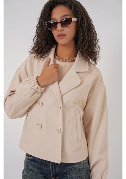 9117 Kruvaze Yaka Crop Ceket - Bej modelleri