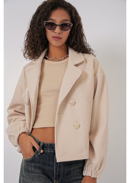 9117 Kruvaze Yaka Crop Ceket - Bej indirimleri