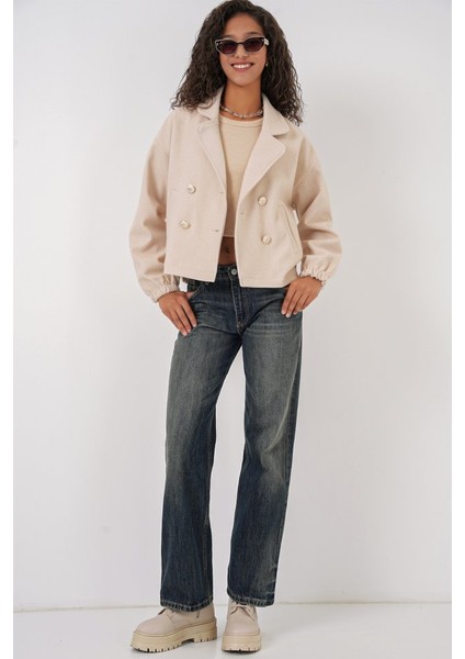 9117 Kruvaze Yaka Crop Ceket - Bej