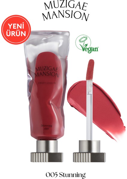 Gül Özlü, Kadife Bitiş Sunan, Nemlendirici ve Kalıcı Tint MUZIGAE MANSION Objet Liquid 005 Stunning