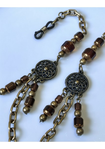 Otantik Gözlük Zinciri Antik Altın Rengi Zincirli Sallantılı Gerçek Kristal Taşlı