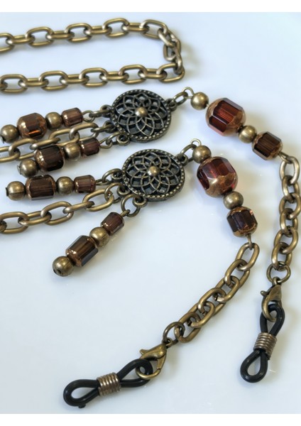 Otantik Gözlük Zinciri Antik Altın Rengi Zincirli Sallantılı Gerçek Kristal Taşlı