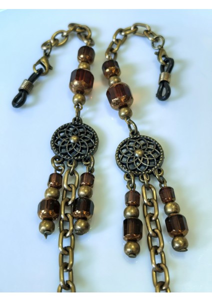 Otantik Gözlük Zinciri Antik Altın Rengi Zincirli Sallantılı Gerçek Kristal Taşlı