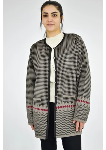Sıfır Yaka Kaz Ayağa Desenli Ceket