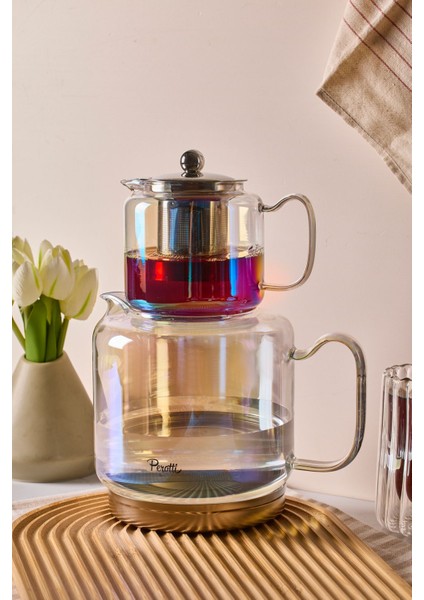 Elena Luster Indüksiyon Tabanlı Borosilikat Cam Çaydanlık Takımı 500 ml Demlik 1800 ml Suluk