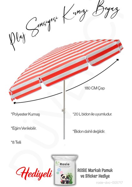 Plaj Şemsiyesi 180 cm Çap Kırmızı Beyaz 8 Telli Eğim Verilir Bidonsuz ve Rosie Hediye