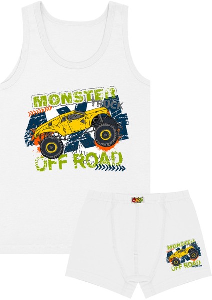 Erkek Çocuk Atlet Boxer Likralı Beyaz Monster (%96 Pamuk - %4 Elastan)