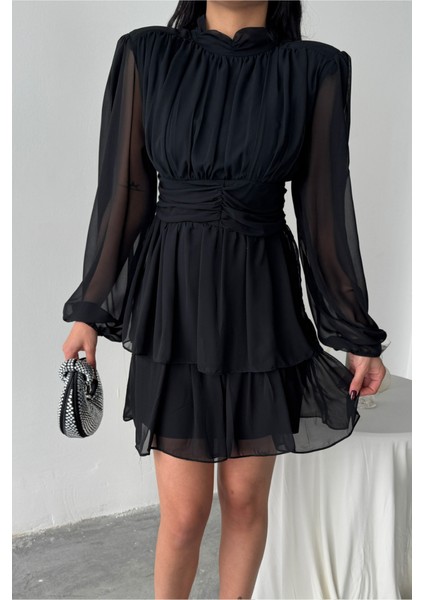 Şifon Katlı Uzun Kol Elbise - Siyah modelleri