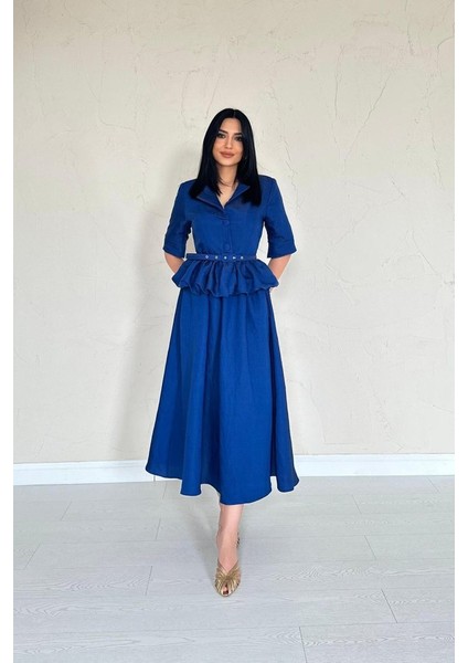 Lacivert Ince Kemerli Fırfırlı Ceket ve Büzgülü Etek Takım fiyatları