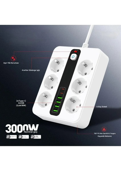 6'lı Grup Priz 4xusb 2xtype-C Çıkışlı Isıya Dayanıklı Power Tuşlu 2 mt Kablolu Priz Çoğaltıcı