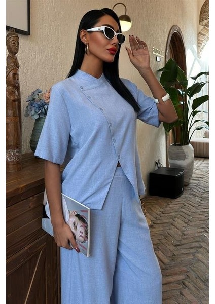 Hakim Yaka Çapraz Düğmeli Plazzo Pantolon Viscon Keten Takım 10091 modelleri