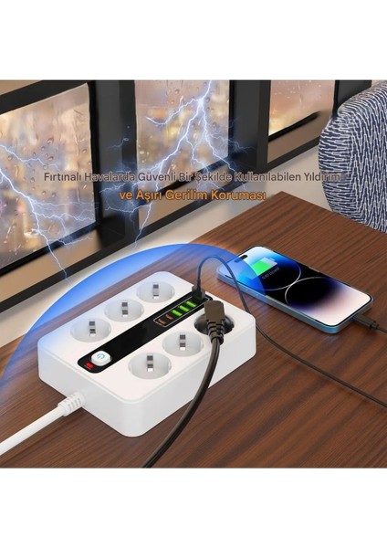 6'lı Grup Priz 4xusb 2xtype-C Çıkışlı Isıya Dayanıklı Power Tuşlu 2 mt Kablolu Priz Çoğaltıcı indirimleri