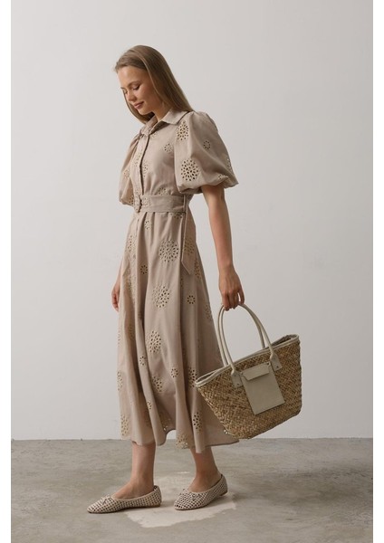 Balon Kol Kemerli Brode Elbise - Taş modelleri