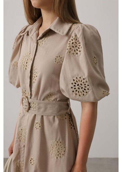 Balon Kol Kemerli Brode Elbise - Taş fırsatları