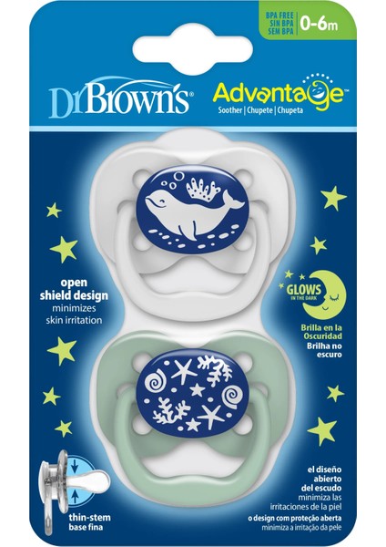 Dr. Brown’s™ Advantage™ Karanlıkta Parlayan Yalancı Emzik Mavi Okyanus,- 1. Evre